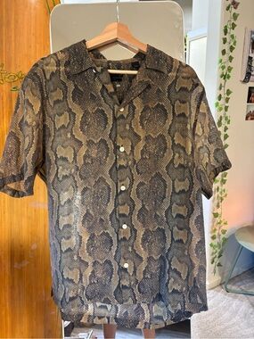All Saints Brown Snake-Print Short Sleeve Button-Down Shirt Large
